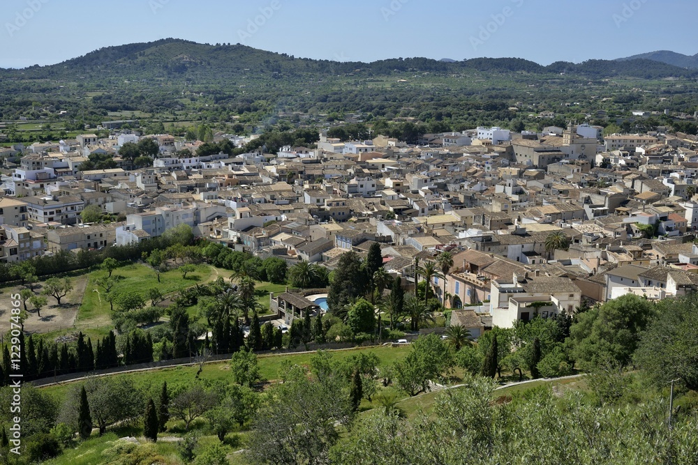 Fototapeta premium View of the historic centre from the Santuari de Sant Salvador fortress, Arta, Majorca, Balearic Islands, Spain, Europe