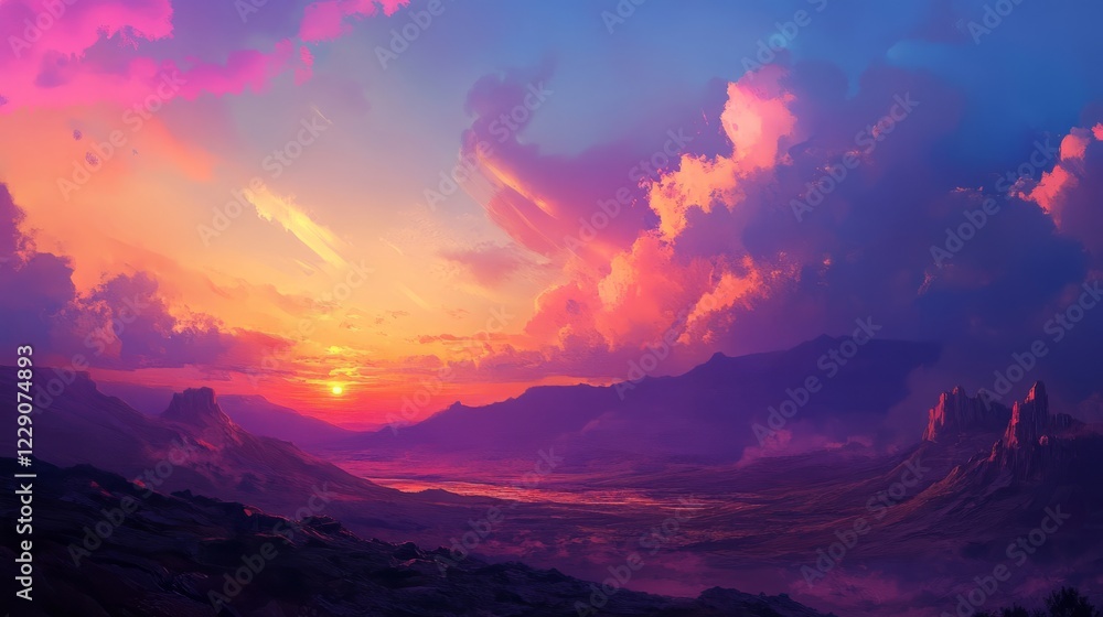 Obraz premium Captivating sunset over mountains with vibrant clouds and a serene valley, creating a dreamlike and tranquil atmosphere.