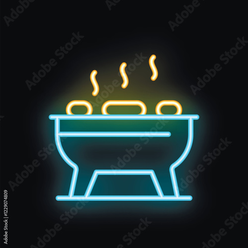 Neon sign depicting a brazier with hot coals is glowing on a black background
