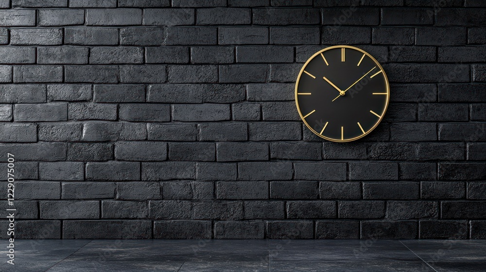 Dark room, gold clock, brick wall, time concept, interior design Dark room, gold clock, brick wall, time concept, interior design