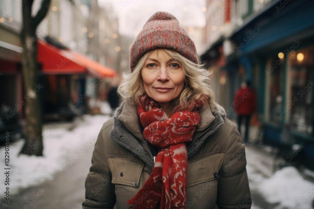 A woman wearing a red scarf and a hat stands on a snowy street A woman wearing a red scarf and a hat stands on a snowy street