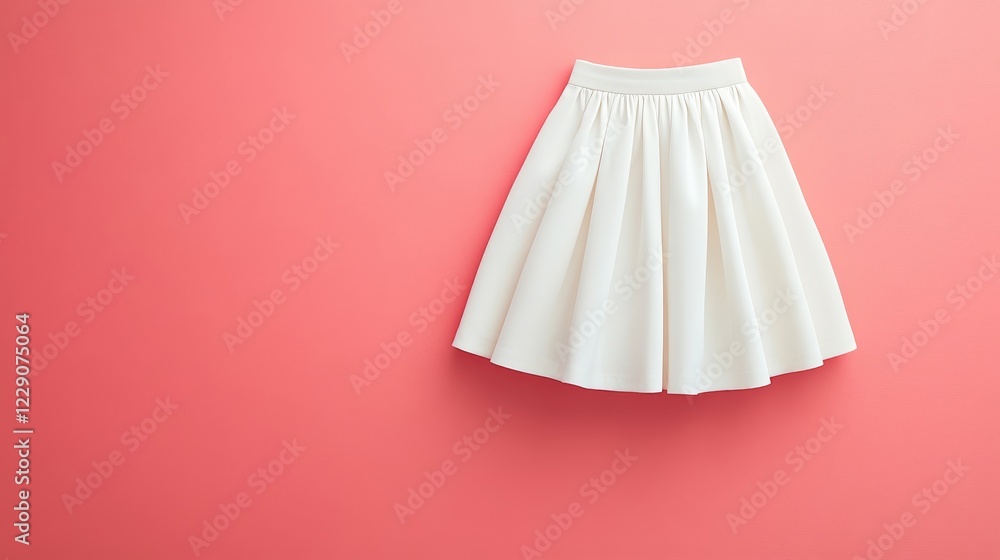 A fresh and simple image of a white skirt resting on a pastel pink background. A fresh and simple image of a white skirt resting on a pastel pink background.