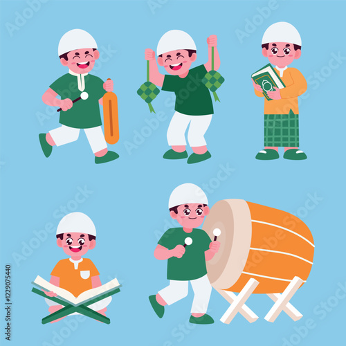 cheerful Muslim children performing traditional Eid activities in colorful attire. Culture celebration concept  