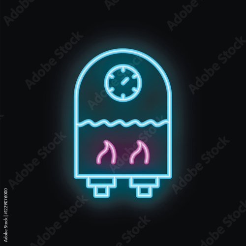 Glowing neon icon of a boiler heating water, featuring stylized flames and a timer, perfect for representing home heating and hot water systems