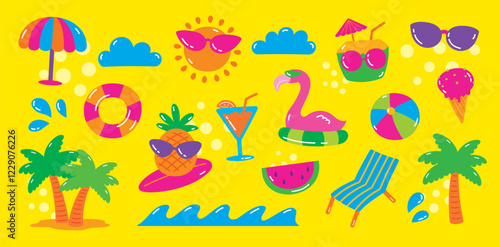 cute fun flat style hand drawn trendy bright colorful cartoon graphic element vector set in summer beach concept
