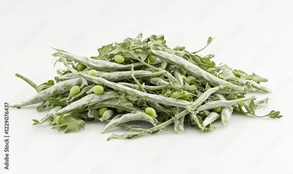 Fototapeta premium Frozen green peas and pods on white background.