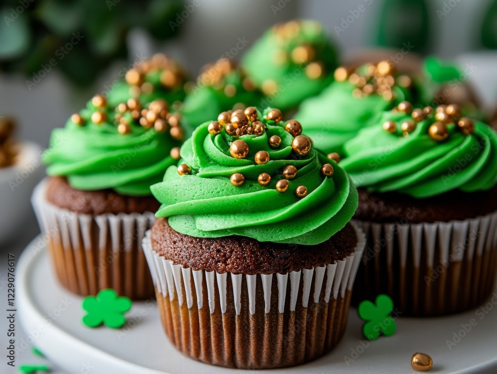 A plate of St. Patrick s Day cupcakes decorated with green frosting and shamrock sprinkles A plate of St. Patrick s Day cupcakes decorated with green frosting and shamrock sprinkles