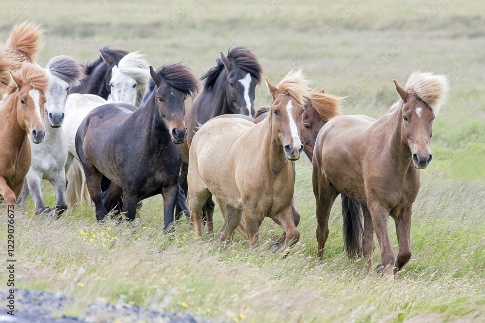 Iceland horse running in grass with flowing manes, Iceland, Europe Iceland horse running in grass with flowing manes, Iceland, Europe