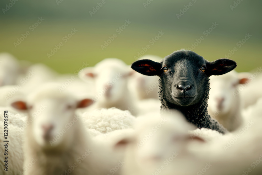 Fototapeta premium A black sheep among white sheep.AI generative.