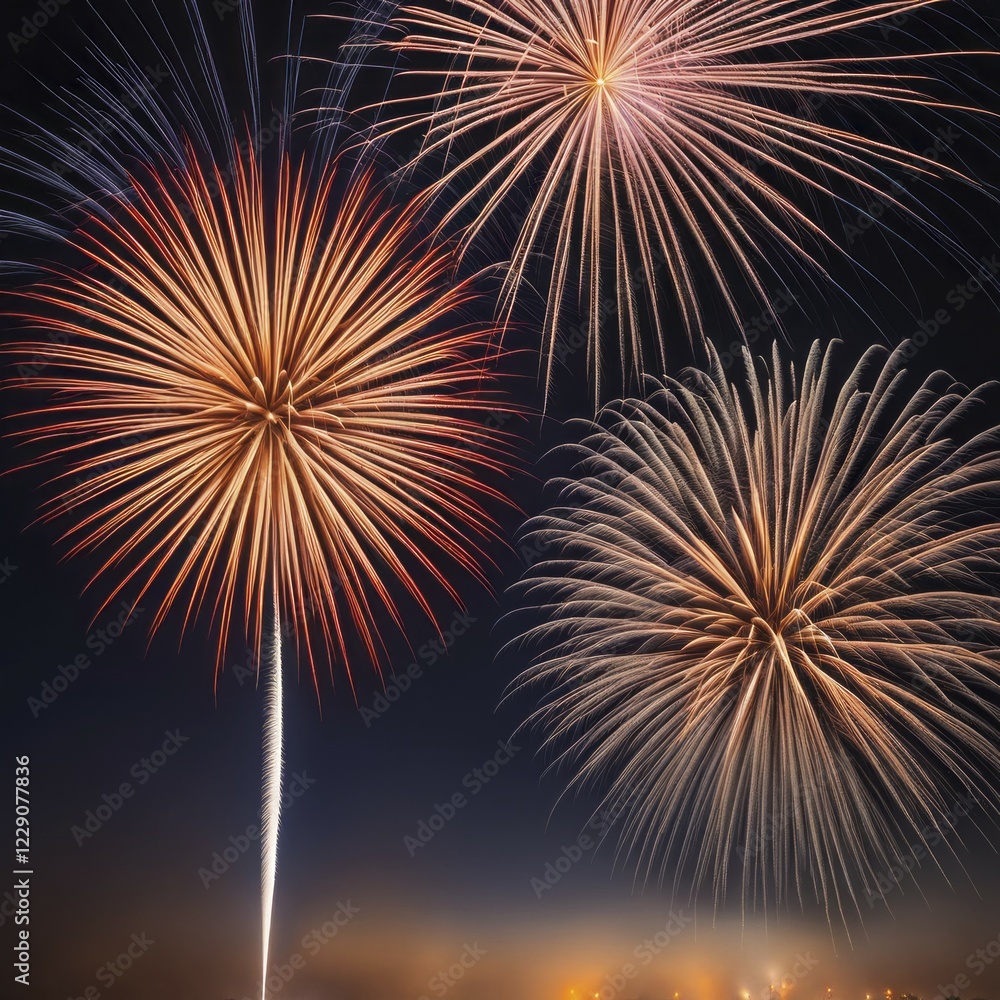 Bright fireworks bursting in a clear night sky, celebrating with colorful lights, AI generated Bright fireworks bursting in a clear night sky, celebrating with colorful lights, AI generated