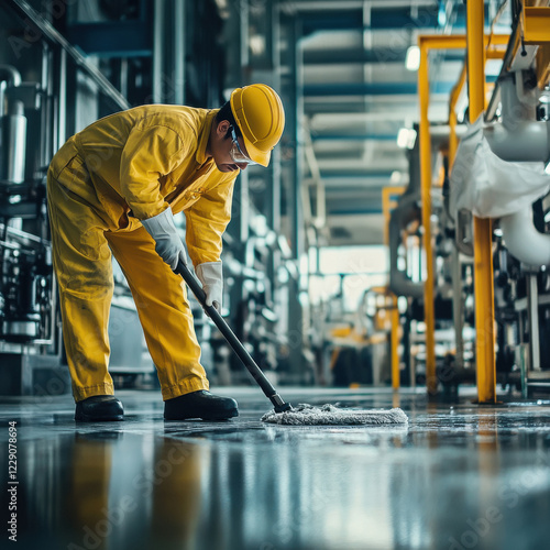 Man dressed white protective overalls spraying in factory photo