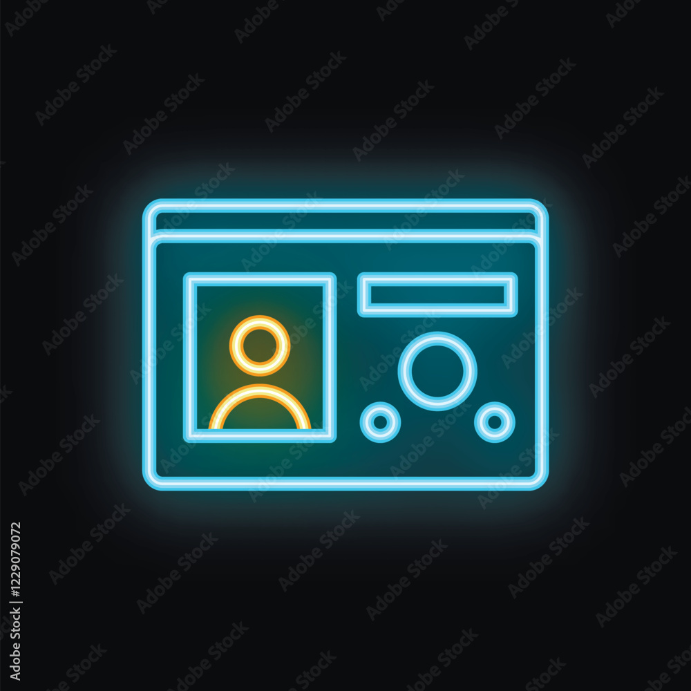 Neon id card icon glowing on dark background representing security and identification Neon id card icon glowing on dark background representing security and identification