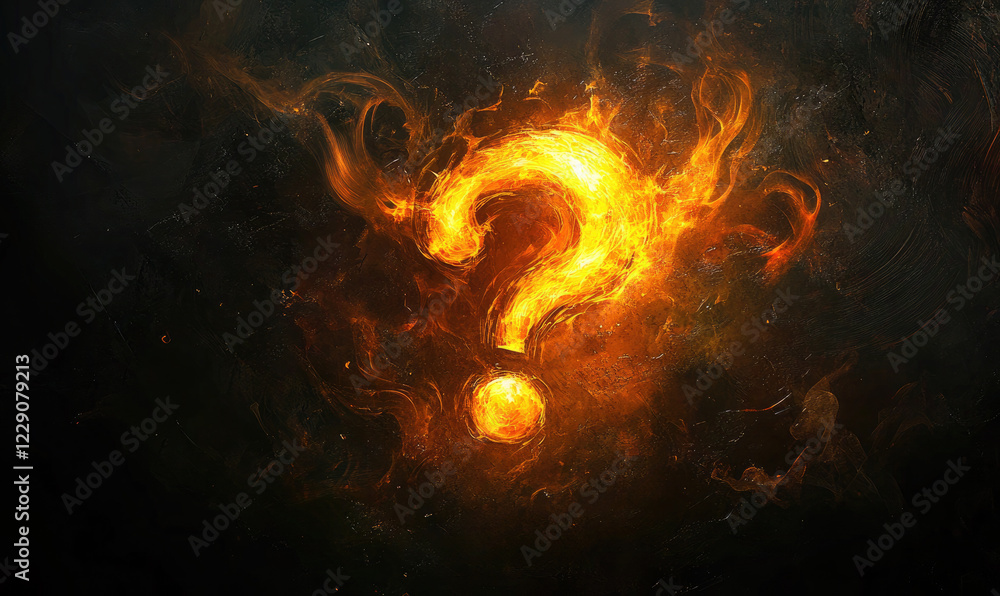 Fototapeta premium Burning Question Mark in Fiery Flames on Dark Background