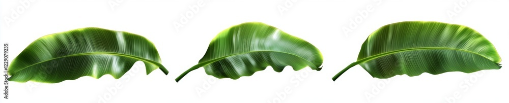 Three tropical banana leaves isolated, white background, design element