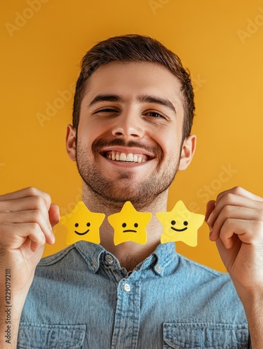 customer feedback giving rating based on experience or quality from product and service survey opinion and review to evaluate result man trying to push customer feedback bar to be excellent smile. photo