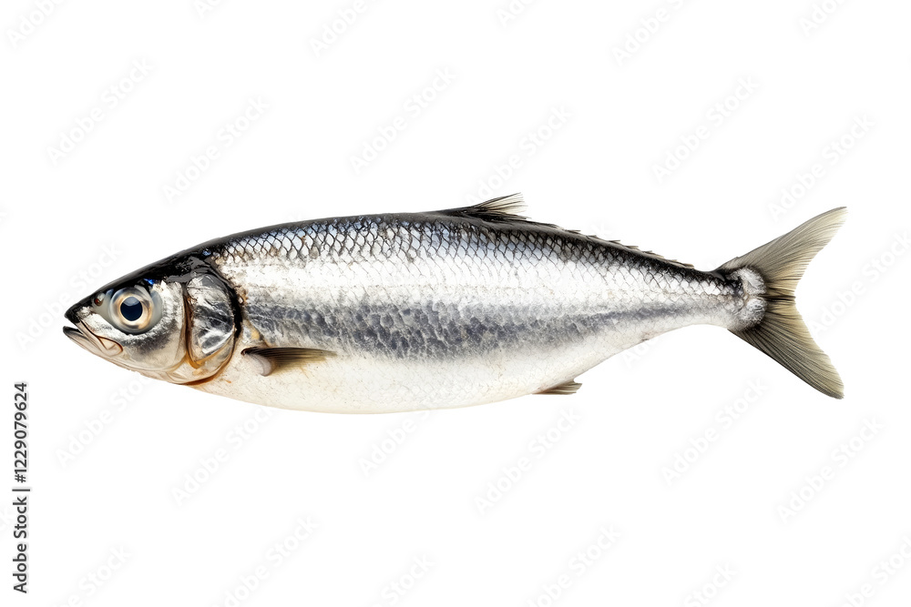Fresh sardine fish with detailed scales and fins isolated on white transparent background, symbolizing canned seafood Fresh sardine fish with detailed scales and fins isolated on white transparent background, symbolizing canned seafood
