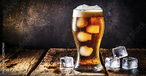 Glass of chilled beer on a dark vinatge wooden surface. AI Generated, AI generated photo