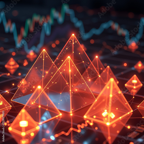 3d transparent pyramids glowing nodal points interactive rotating segments futuristic effect for financial chart overlays photo