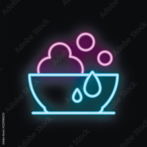 Steaming bowl of soup or noodles with chopsticks is depicted in a neon sign illustration