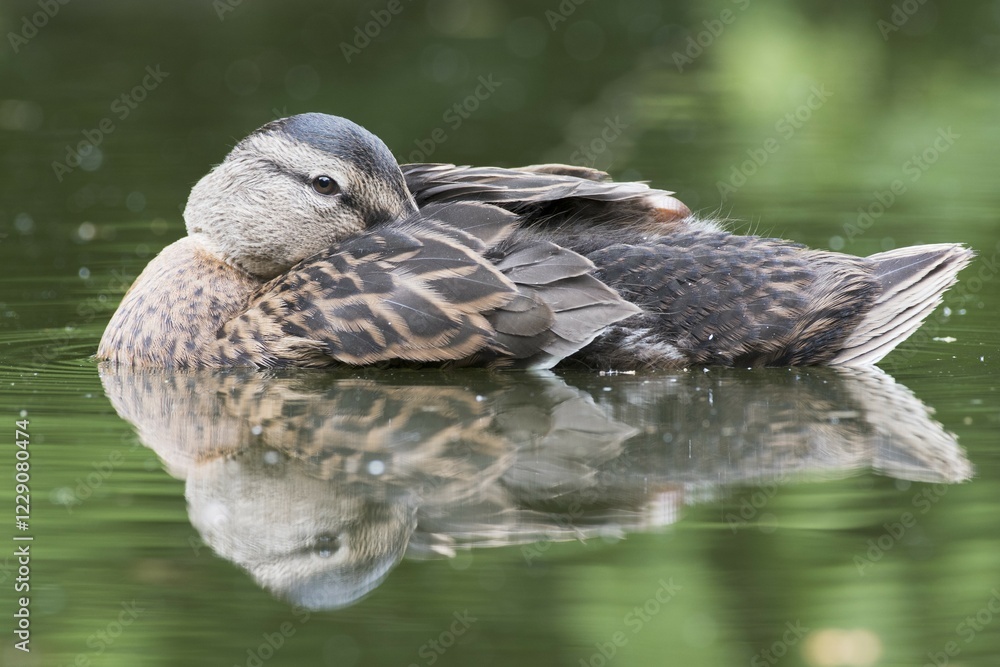 Fototapeta premium Mallard (Anas platyrhynchos) resting in water with head in plumage, Emsland, Lower Saxony, Germany, Europe