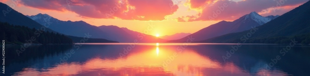 Sunset over a tranquil lake amidst the mountains, natural, distant peaks Sunset over a tranquil lake amidst the mountains, natural, distant peaks