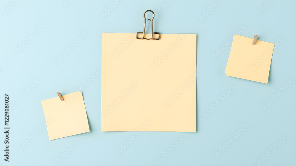 Paper notes with clip on light blue background, top view. Space for text. Generative AI Paper notes with clip on light blue background, top view. Space for text. Generative AI
