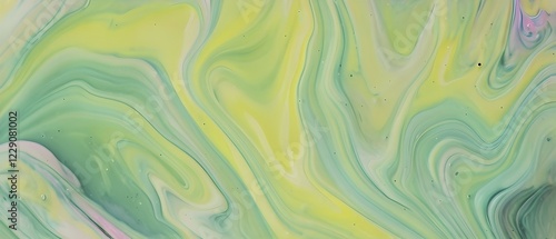 Abstract painting with fluid swirling pastel colors of green and yellow, AI generated
