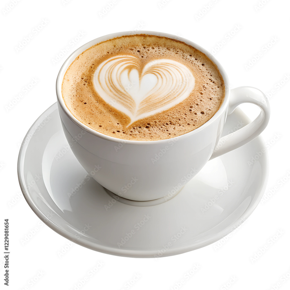 Obraz premium A steaming cup of cappuccino with a heart-shaped foam design., isolated on a transparent background