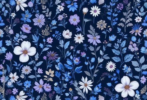 A seamless pattern of blue and purple botanical flowers and leaves on a white background