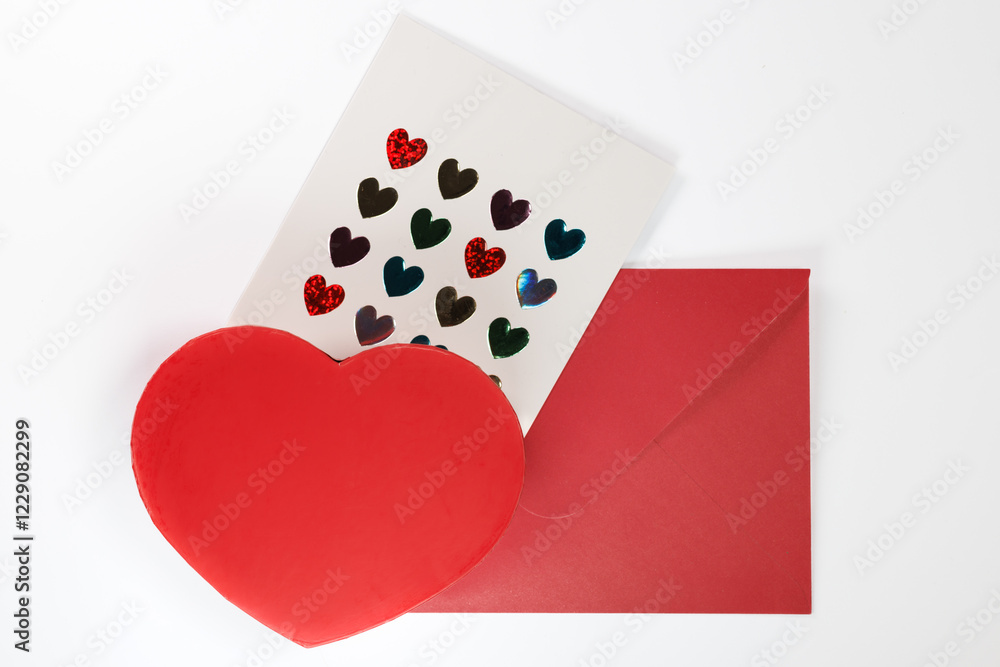 A red heart, a Valentine's Day card with colorful heart stickers, and a red envelope on a white background, perfect for love-themed imagery. A red heart, a Valentine's Day card with colorful heart stickers, and a red envelope on a white background, perfect for love-themed imagery.