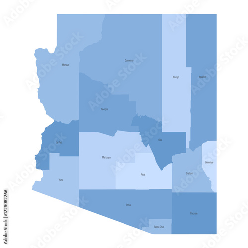 Arizona, AZ - detailed political map of US state. Administrative map divided into counties. Blue map with county name labels. Vector illustration