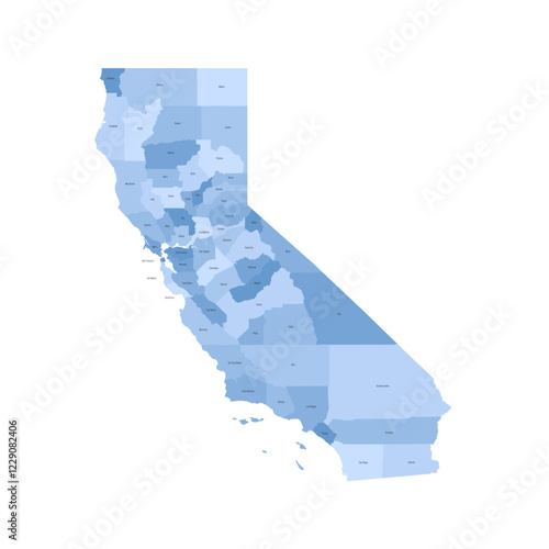 California, CA - detailed political map of US state. Administrative map divided into counties. Blue map with county name labels. Vector illustration