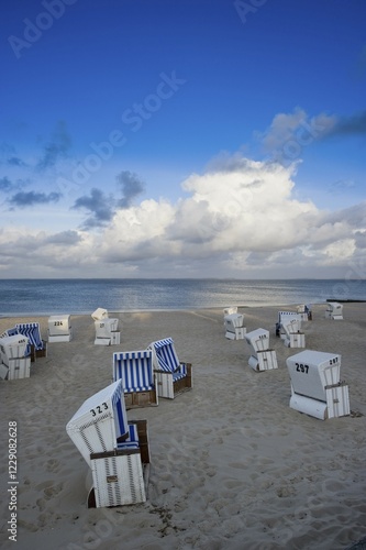 Covered wicker beach chairs on the beach, Hoernum, Sylt island, Schleswig-Holstein, Germany, Europe photo