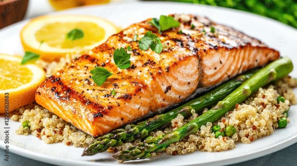 A beautifully plated salmon fillet with lemon slices, garnished with herbs and served alongside asparagus and quinoa, showcasing a fresh and healthy meal. A beautifully plated salmon fillet with lemon slices, garnished with herbs and served alongside asparagus and quinoa, showcasing a fresh and healthy meal.