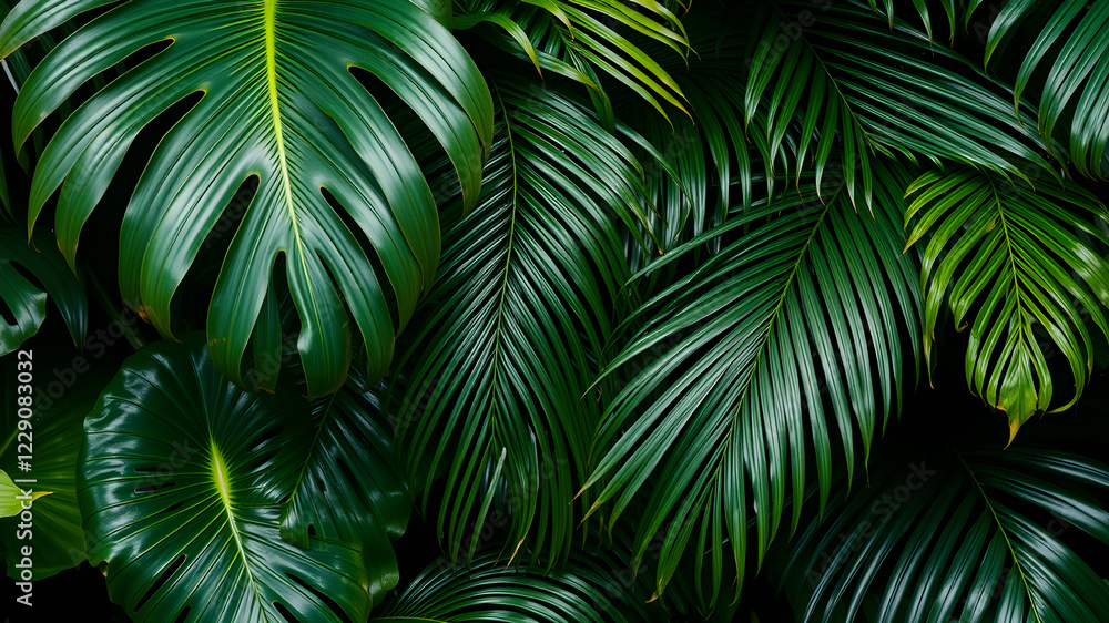 Monstera and palm leaves jungle texture Monstera and palm leaves jungle texture