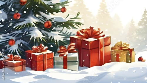 Abstract illustration of wrapped Christmas gifts, shiny ribbons and bows, stacked under a snow-dusted evergreen tree in a snowy outdoor setting, AI generated