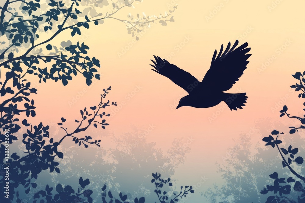 Fototapeta premium Serene Bird in Flight: A Silhouette Against a Breathtaking Sunset Landscape