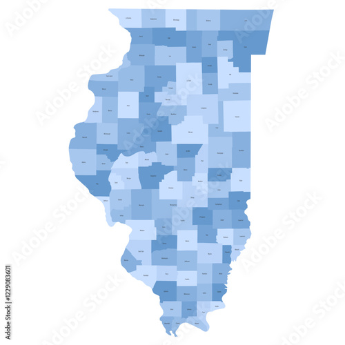 Illinois, IL - detailed political map of US state. Administrative map divided into counties. Blue map with county name labels. Vector illustration photo