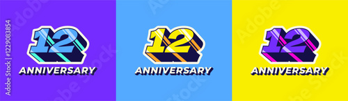 Logo 3D Retro Long Shadow Colorful 12th, 12th Happy Anniversary in Colorful 3D Retro with long shadow and Glossy effect. Modern and Old concept. photo