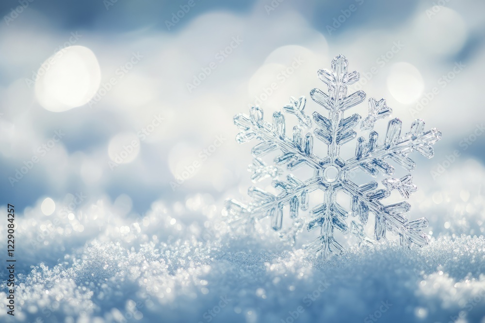 A detailed snowflake rests on fresh snow, capturing the essence of winter with a dreamy bokeh background. A detailed snowflake rests on fresh snow, capturing the essence of winter with a dreamy bokeh background.
