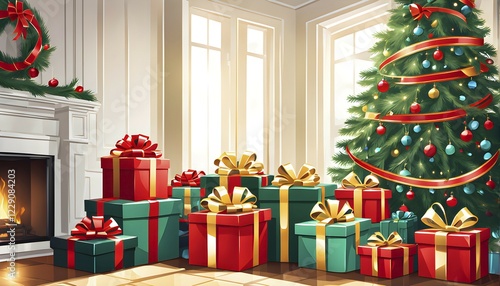 Abstract illustration of wrapped Christmas gifts, shiny ribbons and bows, stacked under a evergreen tree in a cozy living room, AI generated
