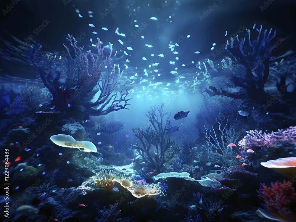 Fototapeta premium AI generated underwater landscape with and bioluminescent creatures