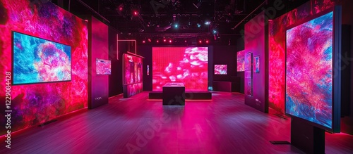 Fototapeta Naklejka Na Ścianę i Meble -  Digital art gallery space with abstract display screens.