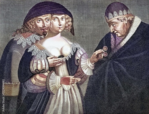 Satirical depiction of the adulterous woman and the cuckold, anonymous French copper engraving from the 17th century. The term cuckold refers to a man whose woman has committed adultery, digitally restored reproduction of an original from the 19th century, exact original date unknown