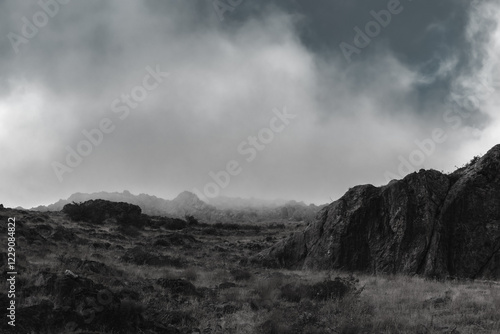 Fototapeta Naklejka Na Ścianę i Meble -  Dark, rocky landscape under a heavy, cloudy sky. Black and white photography of a gloomy and dramatic atmosphere.  Rugged terrain with sparse vegetation.