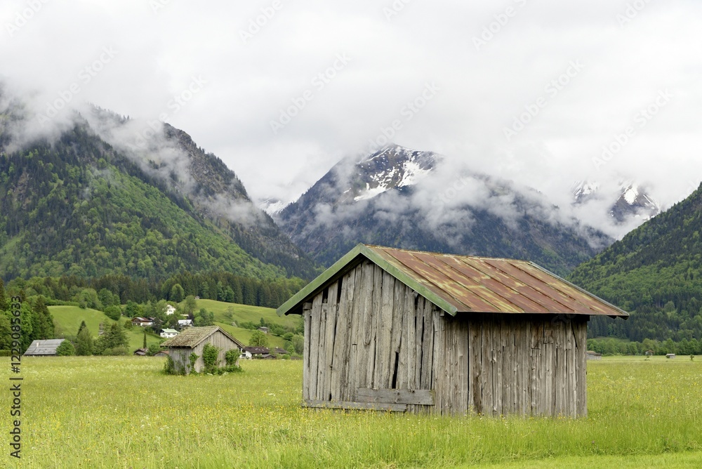 View from the Loretto meadows to cloud-covered mountains, Oberstdorf, Allgäu Alps, Allgäu, Bavaria, Germany, Europe View from the Loretto meadows to cloud-covered mountains, Oberstdorf, Allgäu Alps, Allgäu, Bavaria, Germany, Europe
