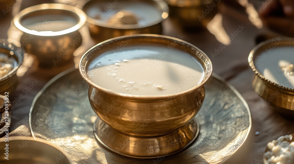 Golden Bowl with Fresh Cream on Elegant Table Setting Golden Bowl with Fresh Cream on Elegant Table Setting