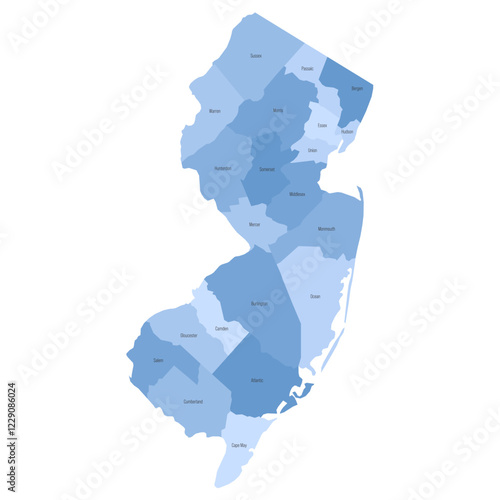New Jersey, NJ - detailed political map of US state. Administrative map divided into counties. Blue map with county name labels. Vector illustration