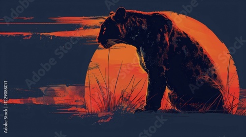 Silhouetted rodent against an orange-hued sunset background in a painting style, ai generated, AI generated