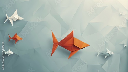 Abstract origami fish wallpaper illustration, AI generated